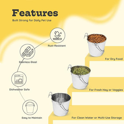 1 Quart Stainless Steel Flat Sided Bucket with Dual Hooks | 4 Pcs Durable Food & Water Bowl for Dog Cat Bird & Small Animals | Fits kennel Cage Crates Farm Hanging Pet Pail | Multipurpose