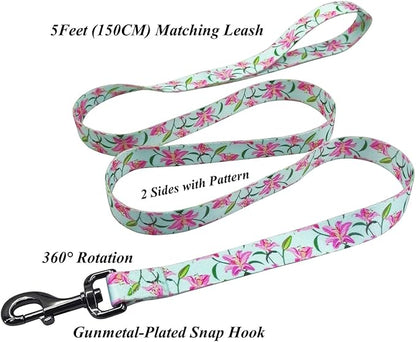 Dog Collar Leash Set, Floral Pattern, Polyester Material, Adjustable Collar and 5ft Matchcing Leash, for Large Dogs.(L, Green Lily)