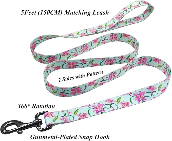 Dog Collar Leash Set, Floral Pattern, Polyester Material, Adjustable Collar and 5ft Matchcing Leash, for Medium Dogs.(M, Green Lily)