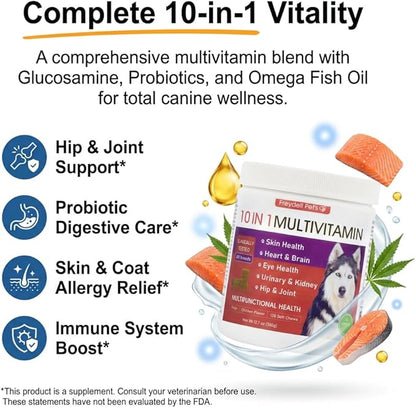 Freydell Pets 10-in-1 Multivitamin Dog Supplement – Glucosamine & Chondroitin Joint Support, Probiotics for Gut Health, Omega Fish Oil Skin & Coat, Immune & Allergy Support Vitamins (120 Chews)
