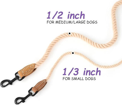 Mile High Life Dog Leash, Braided Cotton Rope Leashes with Leather Tip - Heavy Duty Metal Clasp, 5FT, 1/3" Thick - Wedding, Walking Leash for Small Medium Dogs(Light Brown)