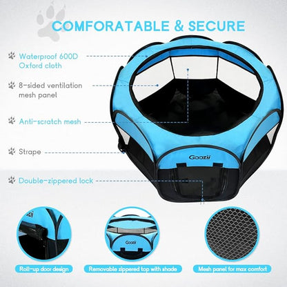 GOOZII Dog Playpen Portable Collapsible, Indoor Outdoor Pet Puppy Exercise Playpens Case with Zipper Door Top Cover Floor for Large Cat Rabbit Travel Camping (Small Size, Black/Blue)