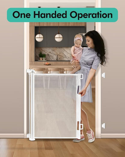 Retractable Baby Gates, Mesh Dog Gate for Doorways, 33.6" Tall, Expands to 55" Wide,Pet Safety Essential Fit for Baseboards, Wide Toddlers Gates for Hallways, Indoor & Outdoor,White