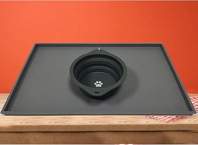 Pet Feeding Mat, 18.5 Inch x 11.4 Inch Silicone Black Waterproof Anti-Slip Bowel Met for Pet Food and Water (Black, m)