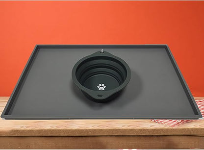 Pet Feeding Mat, 18.5 Inch x 11.4 Inch Silicone Black Waterproof Anti-Slip Bowel Met for Pet Food and Water (Black, m)