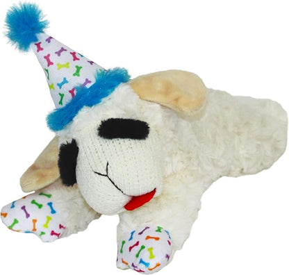 Multipet Lamb Chop Dog Plush Toy w/Birthday Hat - Squeaky Toy for All Dogs - Extra Soft Plush - Stuffed Animal for Cuddling & Playing (10.5", Blue Hat, 5 Squeakers)