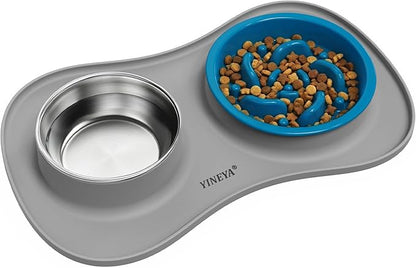 YINEYA Slow Feeder Dog Bowls Stainless Steel Food and Water Bowl Set 3 in 1 No Spill Waterproof Silicone Pet Food Mat Puppy Feeding Station for Large Medium Small Breed Non Slip Metal Dish Tray
