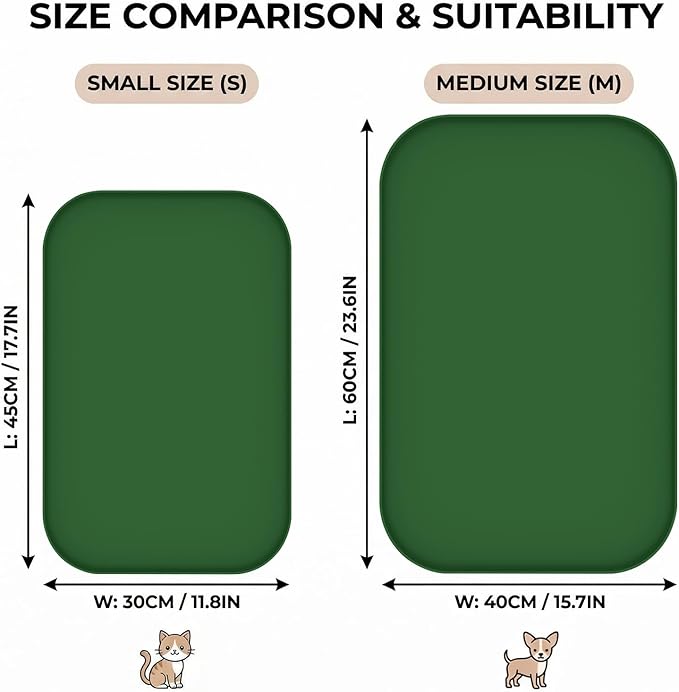 BLESWIN Non-Slip Silicone Dog Food Mat for Food and Water, 18" x 12" Raised Edge Pet Feeding Mat - Waterproof Dog Bowl Mat Easy Clean for Floor Protector,Dark Green