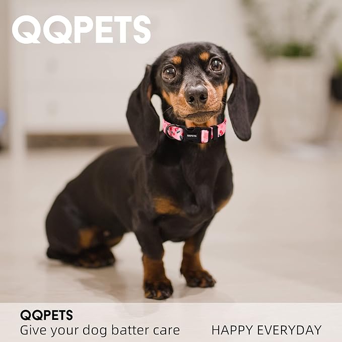 QQPETS Adjustable Soft Dog Collar: Print Flower Pink Multicolor Cute Patterns for XS Small Medium Large Pet Girl Boy Puppy Walking Running Training (XS, Sakura Pink)