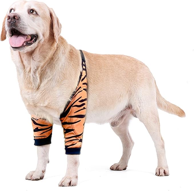 HDKUW Dog Elbow Protector, Dog Front Leg Recovery Sleeve for Prevent Licking Wound, Elbow Sleeves with Mesh Pad for Medium Large Dogs Tiger 2XL