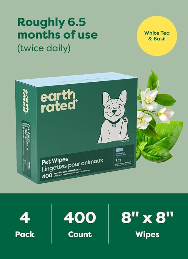 Earth Rated Pet Wipes for Dogs and Cats, Hypoallergenic, 3-in-1 Cleaning, Deodorizing and Hydrating, for Grooming Paws, Body and Butt, New White Tea and Basil Scent, 400 Count