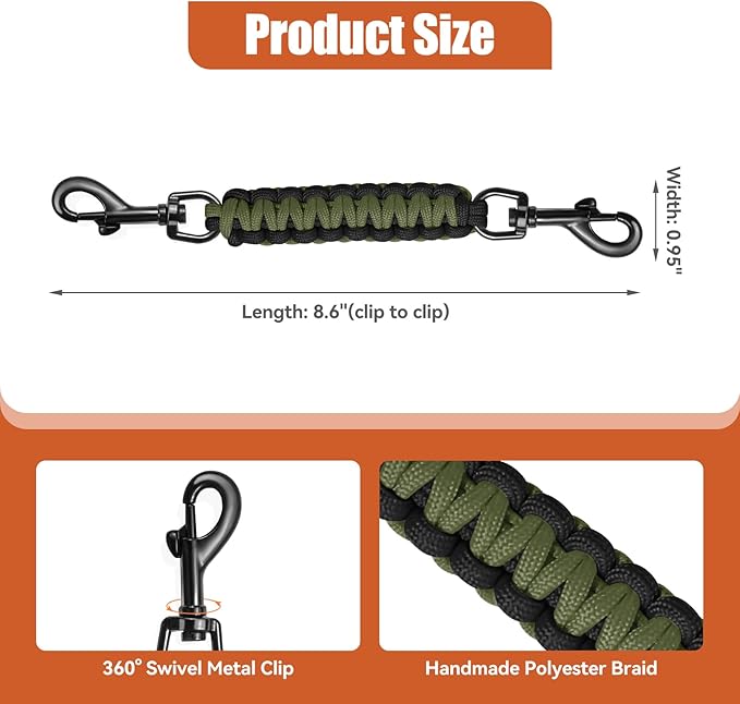 Dog Collar Safety Clip with Dual Clasps,Handmade Backup Safety Strap for Dog Harness, Collars and No Pull Harness Connectors (Black & Army Green)
