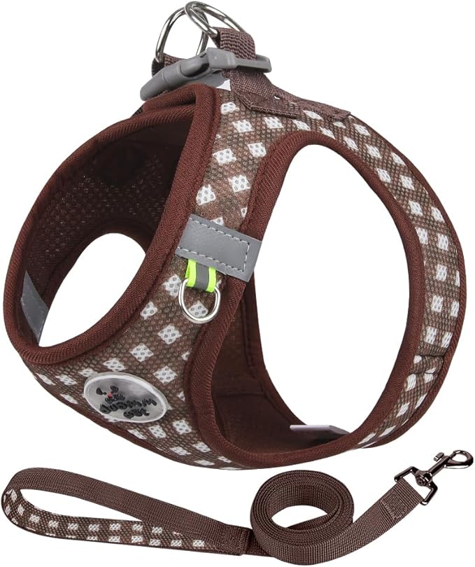 Small Dog Harness and Leash Set, Step in No Pull Adjustable Reflective Pet Harness, Soft Mesh Plaid Vest Harnesses for Small Dogs & Cats Easy Walk Outdoor Hiking Running, Chocolate XS