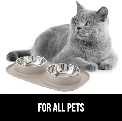 GORILLA GRIP Feeding Mat Bowl Set, 100% Waterproof BPA Free Silicone Base, 304 Stainless Steel Cat and Dog Bowls for Food and Water, Slip Resistant, High Edge, US Designed, Patent Pending, 2 Cup Beige