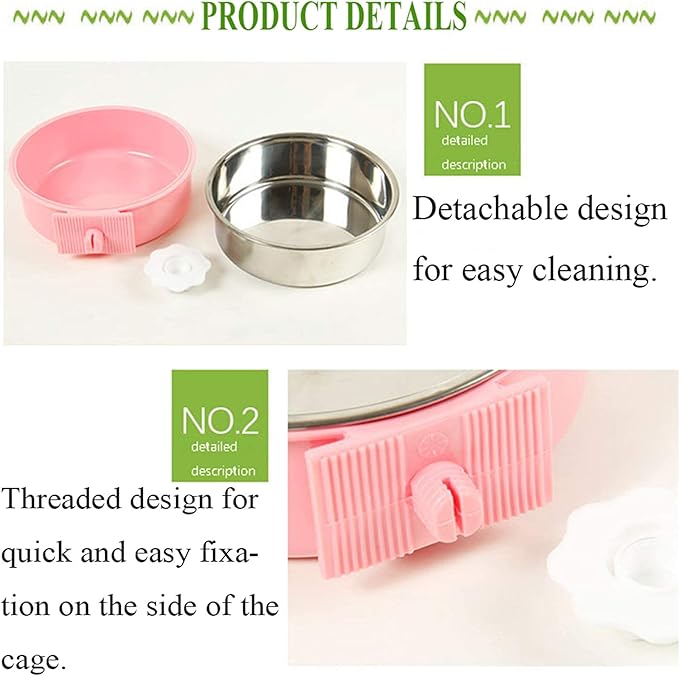 kathson Crate Dog Bowl, Removable Stainless Steel Hanging Pet Cage Bowl Food & Water Feeder Coop Cup for Cat, Puppy, Birds, Rats, Guinea Pigs (3 PCS, Size: M, Blue, Green, Pink)