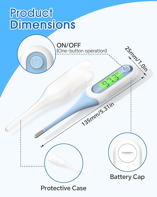 Digital Oral Thermometer for Adults and Kids, 8s Fast Reading, Accurate & Safe Thermometer for Baby with Fever Alarm, °C/°F Switchable, 3 Colors Backlit Medical Rectal Thermometers