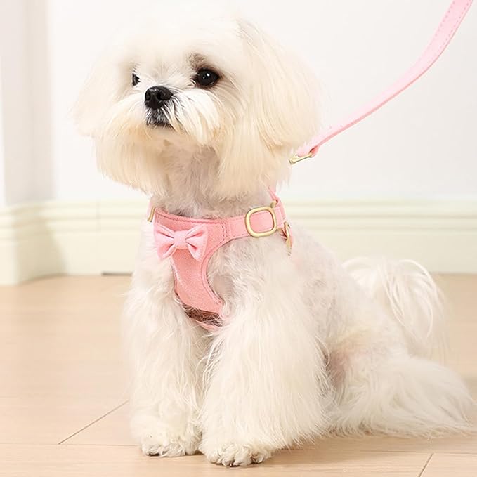 Cute Small Dog Harness and Leash Puppy Set with Bowtie,Step in Dog Harnesses,Soft Adjustable Cat & Dog Vest,Harness for Small Cats & Dogs Walks and Parties(Pink,S:Weight 8.8-17.6lb)