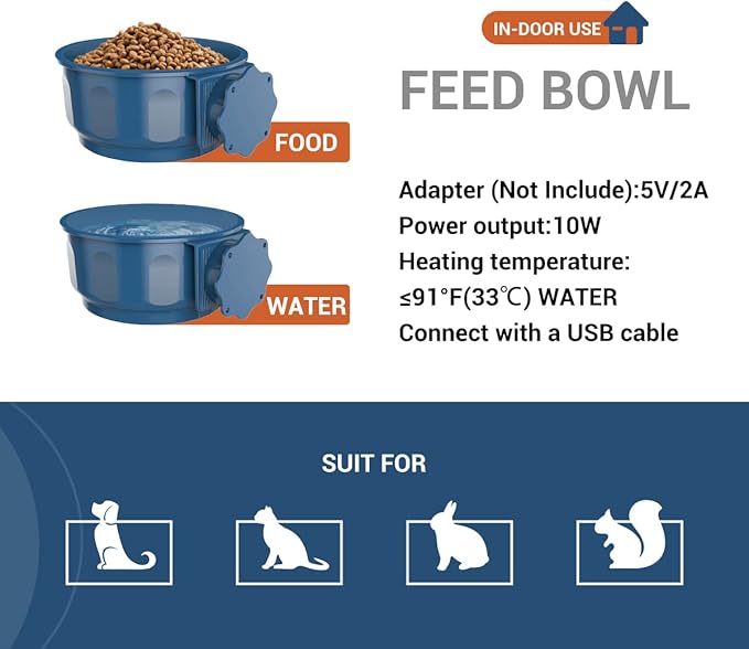 PETLESO Indoor Pet Small Heated Water Bowl, Cat Thermal Bowl in Winter, 600ML Hanging Heated Water Bowl for Rabbit Cage Dog Crate, Indoor USB Portable Warm Dish for Dogs Cats Rabbits Birds, Blue