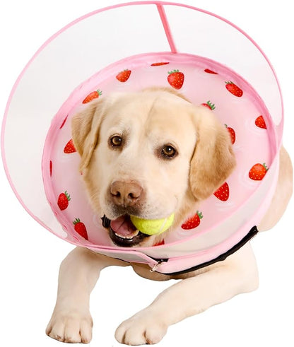 Inflatable Dog Cone Collar for Large Medium Small Dogs, Soft Dog Donut Collar Adjustable Recovery Cone for Pets After Surgery, Extra Enhanced Anti-Licking Guard Shield (Strawberry Print, Medium)