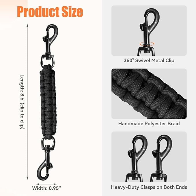 Dog Collar Safety Clip, Collar Companion, Handmade Backup Safety Strap, Double-Ended Clip Leash Connector, Suitable for Dog Harnesses, Prong, Pinch Collars (Black + Army Green, 2 Pack)
