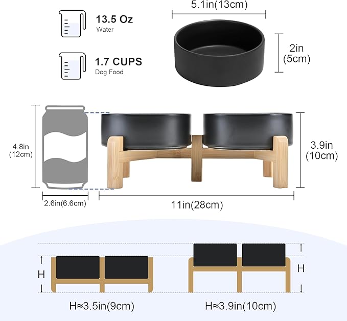 SPUNKYJUNKY Elevated Dog Bowls Ceramic, 5.1'' Dogs and Cat Food Water Bowls Raised with Non-Slip Bamboo Stand for Puppy Small Sized Breed Microwave Dishwasher Safe - 13.5 OZ,Black