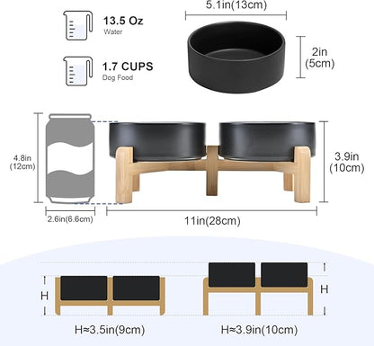 SPUNKYJUNKY Elevated Dog Bowls Ceramic, 5.1'' Dogs and Cat Food Water Bowls Raised with Non-Slip Bamboo Stand for Puppy Small Sized Breed Microwave Dishwasher Safe - 13.5 OZ,Black