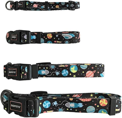 QQPETS Adjustable Soft Dog Collar: Print Flower Pink Multicolor Cute Patterns for XS Small Medium Large Pet Girl Boy Puppy Walking Running Training (S, Space)