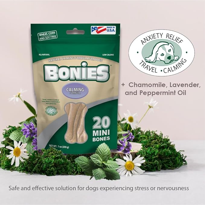 Bonies Natural Calming Formula Dog Treats - Contains Chamomile & Lavender, Help Anxiety, Excessive Barking & Trembling, Chicken Flavor, Mini, 20 Bones