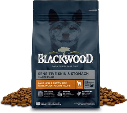 Blackwood Sensitive Skin & Stomach Dry Dog Food, Lamb Meal & Brown Rice with Ancient Grains, 4.5 Pound Bag with Prebiotics & Probiotics to Promote Gut Health