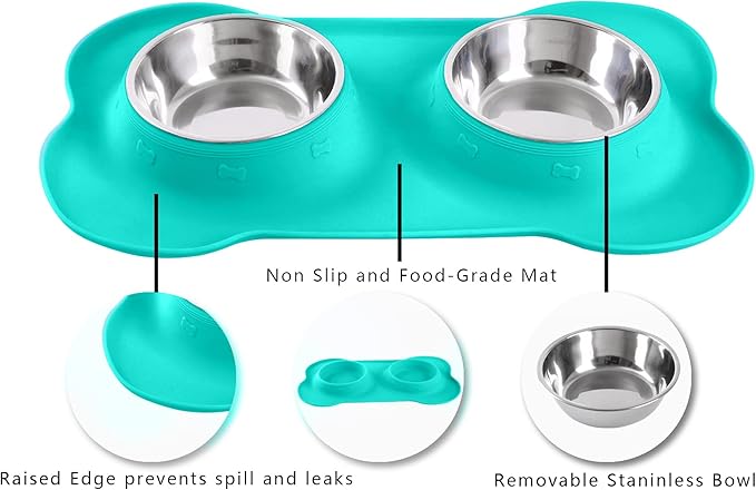 Hubulk Pet Dog Bowls 2 Stainless Steel Dog Bowl with No Spill Non-Skid Silicone Mat + Pet Food Scoop Water and Food Feeder Bowls for Feeding Small Medium Large Dogs Cats Puppies (Small, Mint Green)