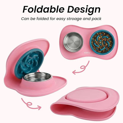 YINEYA Slow Feeder Dog Bowls Stainless Steel Food and Water Bowl Set 3 in 1 No Spill Waterproof Silicone Pet Food Mat Puppy Feeding Station for Large Medium Small Breed Non Slip Metal Dish Tray