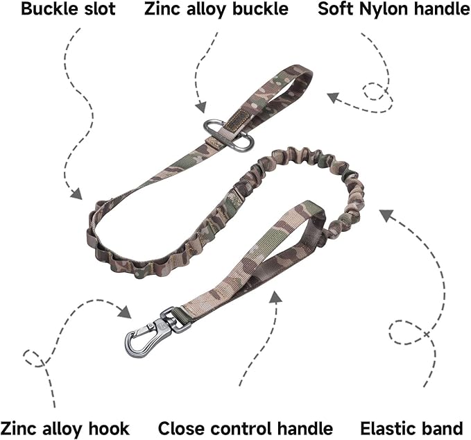 EXCELLENT ELITE SPANKER Bungee Dog Leash Tactical Nylon Adjustable Tactical No Pull Leads Rope for Dogs Quick Release Military Rope with 2 Control Handle (MCP)