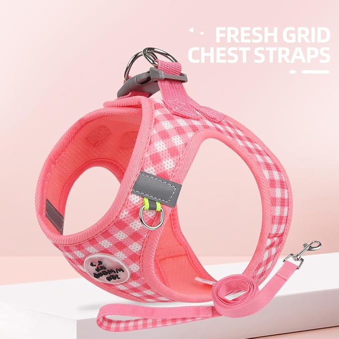 Small Dog Harness and Leash Set, Step in No Pull Adjustable Reflective Pet Harness, Soft Mesh Plaid Vest Harnesses for Small Dogs & Cats Easy Walk Outdoor Hiking Running, Watermelon XS