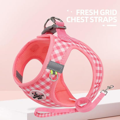 Soft Mesh Dog Harness and Leash Set, Step-in Escape Proof Vest Harnesses, Reflective Breathable Pet Harness Adjustable Plaid Pet Outdoor Harnesses for Small and Medium Dogs, Watermelon M