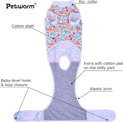 PetWarm Post Neuter Surgery Suit for Dogs Male, E Collar Alternative for Dogs After Surgery, Anti-Licking Dog Surgery Recovery Suit Dog Bodysuit, Dinosaur Pattern, White, 2XL