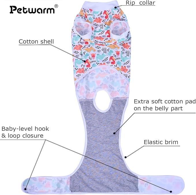 PetWarm Surgery Shirts for Dogs, Dog Coat's Inner Clothes, Bodysuit for Abdominal Affected Areas Sensitive Skin Areas, E-Collar and Dog Cone Alternative After Surgery, Dinosaur Pattern, White, M