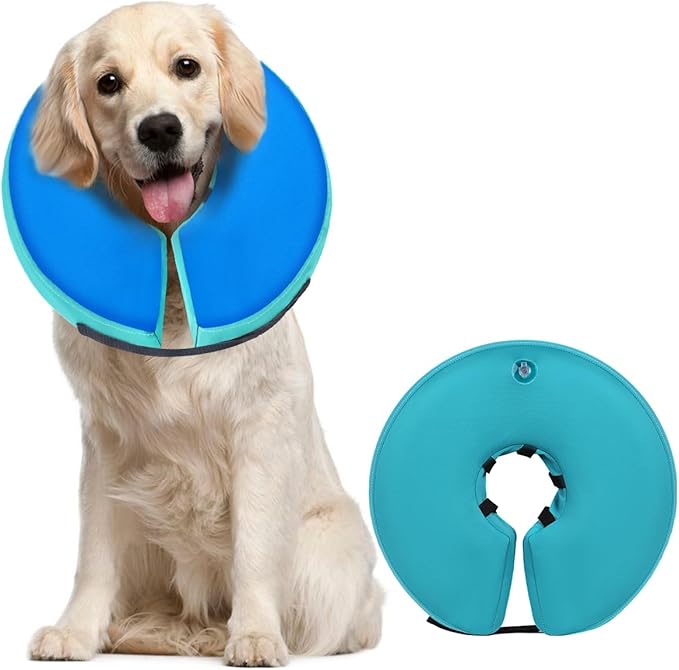 MIDOG Soft Inflatable Dog Cone,Donut E-Collar Alternative for After Surgery, Prevents Licking, Allowing Normal Eating & Vision,Comfortable Recovery Collar for Small Medium Large Dogs&Cats,GreenBlue-L+