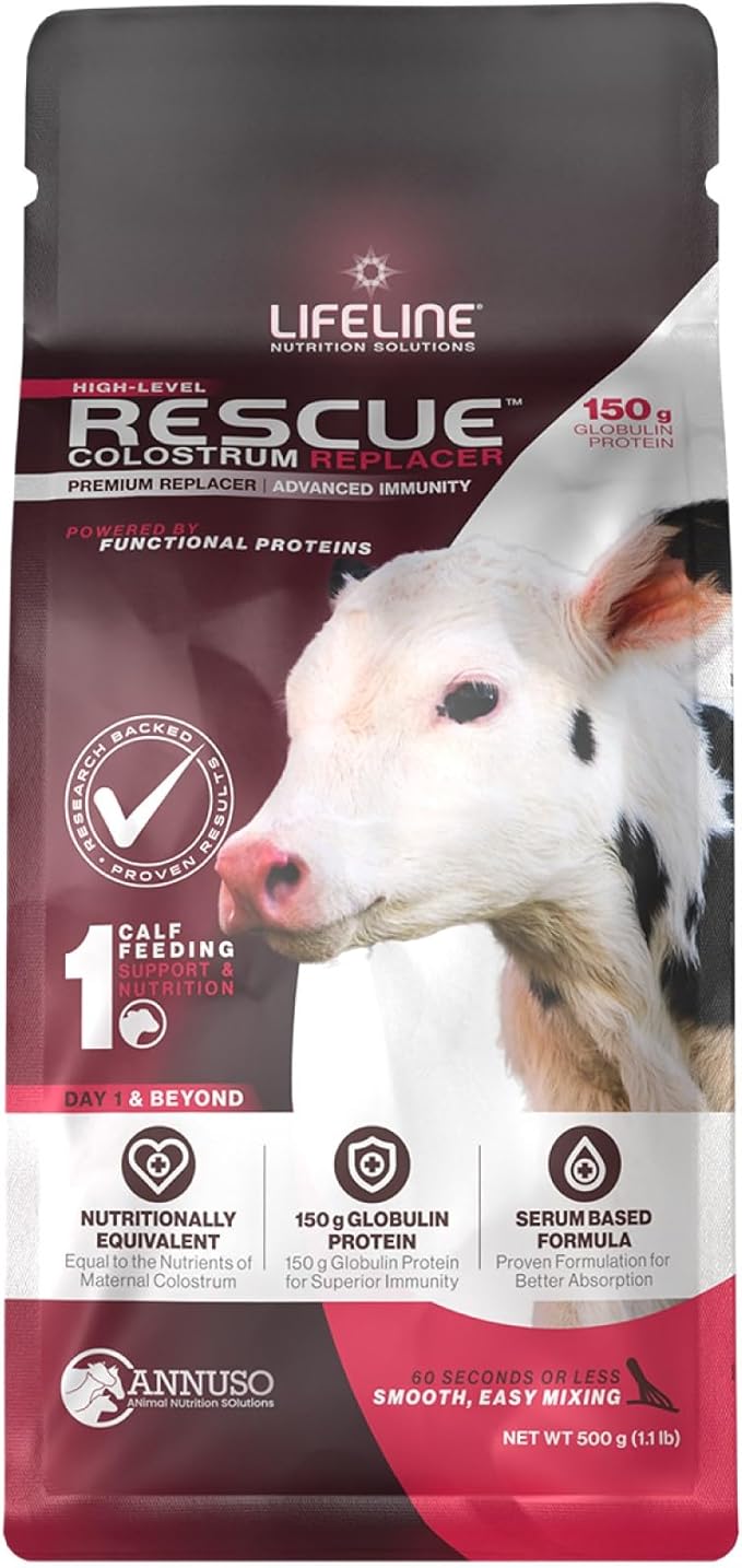 ANNUSO LIFELINE Rescue High-Level Colostrum Replacer for Calves, 1.1lb Bag - 150g Globulin Protein - Replaces Maternal Colostrum in One Feeding - Immune Support, Vitamins, Minerals - Easy-Mix Formula