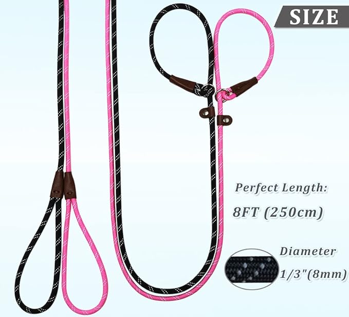WYUZE 2-Pack 8ft Slip Leads for Dogs No Pull, Reflective Pet Behavior Training Lead, 1/3" Nylon Rope Slip Control Leash for Small Medium Dogs, Black+Pink