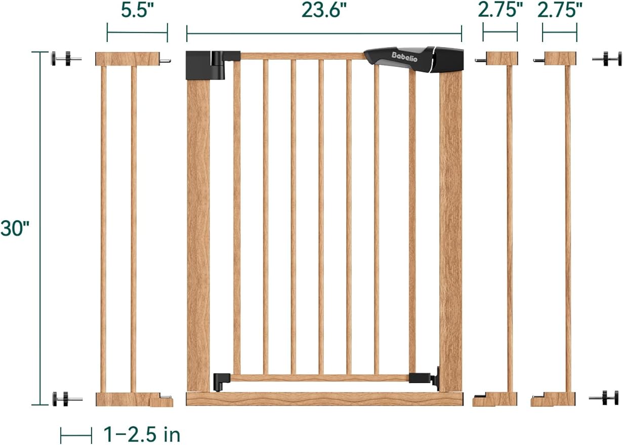 Mom's Choice Award Winner, Babelio 26-40" Metal Baby Gate with Wood Pattern, PressGuard C5 Easy Install Pressure Mounted Dog Gate for Stairs and Doorways, with Wall Protectors and Extension Kits