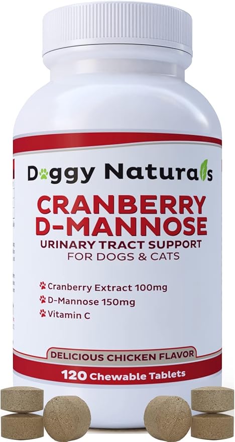 Cranberry D-Mannose for Dogs and Cats Urinary Tract Infection Support Prevents and Eliminates UTI, Bladder Infection Kidney Support, Antioxidant (Single Strength Tablet, 120 Count)