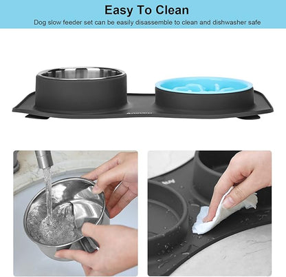 Anipaw Slow Feeder Dog Bowls 3 in 1 Stainless Steel Food and Water Bowls with Non-Spill and Skid Silicone Mat to Slow Down Eating for Large Medium Small Breed Size Dogs and Cats