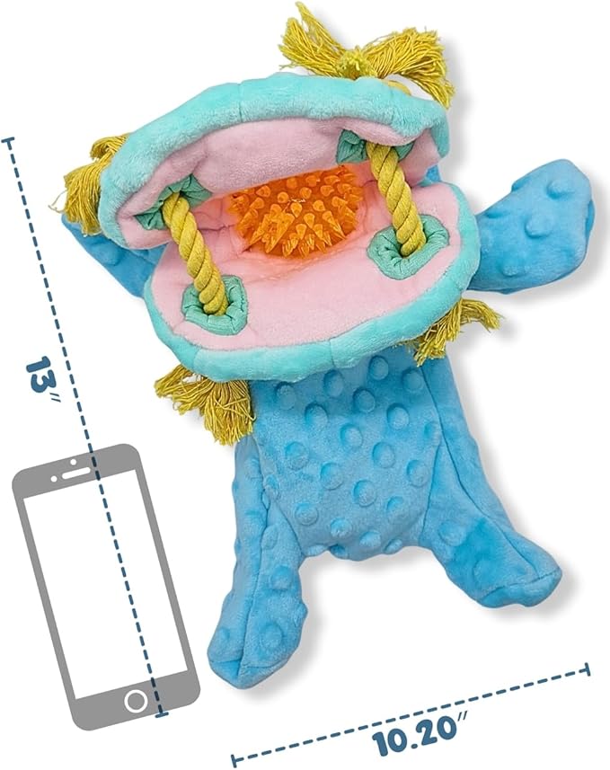4 in 1 Squeaky Dog Toy-No Stuffing Dog Toy with Ropes,Squeaker & Surprise play item inside for Small Medium Large Breed-Dog Tug Toy,Dog Chew Toy for Cuddling& Playing,Soft Blue Plush Hippo in Gift Box