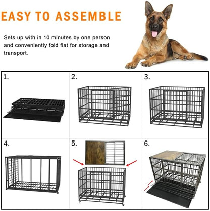 BOLDBONE 38" Furniture Dog Crate for Large Dogs, Heavy Duty Dog Kennel Indoor with Removable Crate Trays, Wheels and Stylish Wooden Top, Extra Large XL XXL Dog Cage, Woodtoop