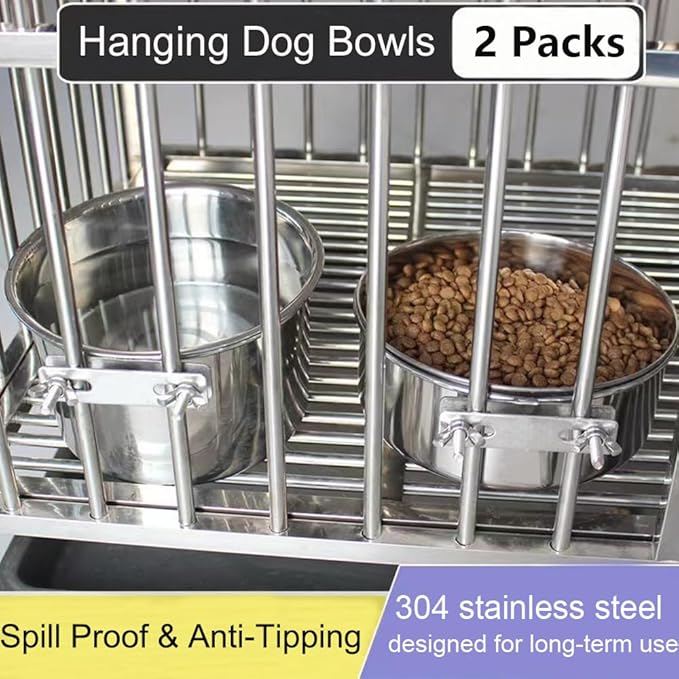 Stainless Steel Dog Bowls, 2 Pack No Spill Dog Crate Water and Food Bowls for Kennel Cage, Kennel Water Bowl Hanging Feeder Dish for Dogs Pets, 40oz & 60oz