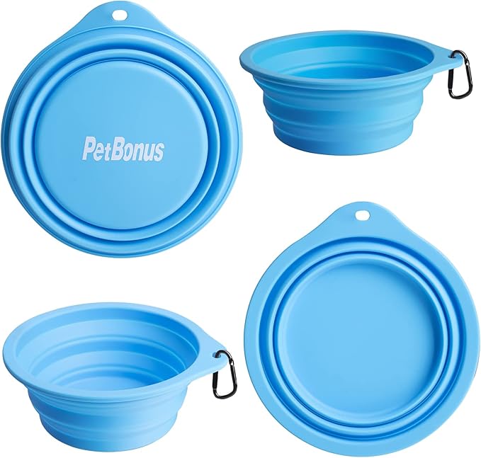 PetBonus 2-Pack Silicone Collapsible Dog Bowls, BPA Free Dishwasher Safe, Portable Foldable Expandable Travel Bowl, Food Water Feeding Cup Dish for Dogs Cats with 2 Carabiners (Light Blue & Green)