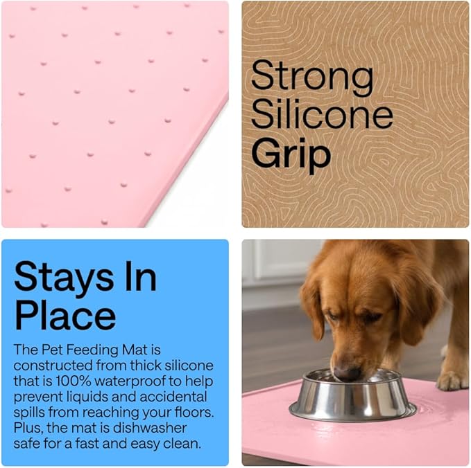 GORILLA GRIP 100% Waterproof Raised Edge BPA Free Silicone Pet Feeding Mat, Dog Cat Food Mats Contain Spills Protects Floors, Placemats for Cats and Dogs Water Bowl, Pets Accessories 32x24 Pink