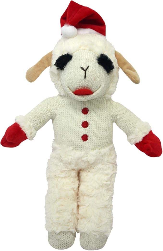Multipet Lamb Chop Dog Plush Toy w/Santa Hat - Dog Toy for All Dogs - Extra Soft Plush - Stuffed Animal for Cuddling & Playing (10.5”, Cream)