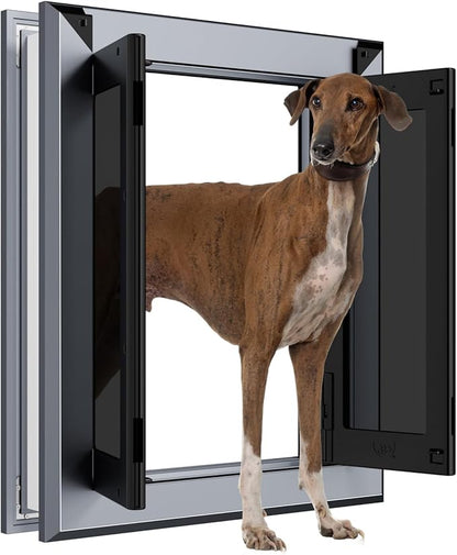 Aluminum Dog Door,French Style with Magnetic Flaps,with Aluminum Telescoping Tunnel Heavy-Duty Dog Door for Large and Medium Doggy Up to 110LBS (Large,Smoky Gray)