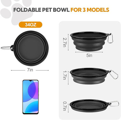 Collapsible Dog Bowl Large 2 Pack, Dog Water Bowls for Travels, Portable Foldable Pet Bowls Feeding Watering Dish for Parking Walking Camping with 2 Carabiners Clip (34oz, Large,Black+Grey)